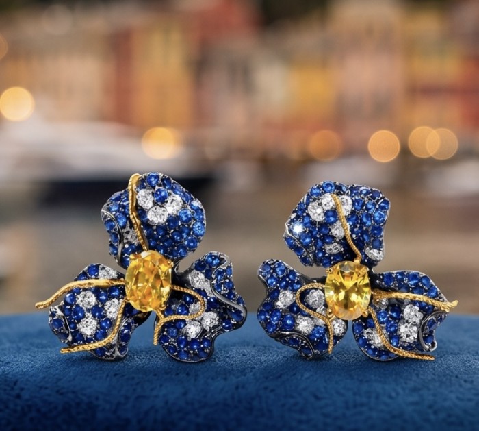 Exotica - real art - authentic 4.9 carat yellow Sapphire 9.2 carat pave Colombian Sapphire 2 tones .925 Sterling Silver dipped in black rhodium handcrafted earrings - Front view of Exotica earrings with yellow sapphires and blue gems