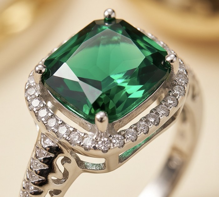 6.8 carat authentic Tsavorite Garnet .925 Sterling Silver handcrafted Statement Ring s. 8 1/4 - Close-up of 6.8 carat Tsavorite Garnet ring in sterling silver.