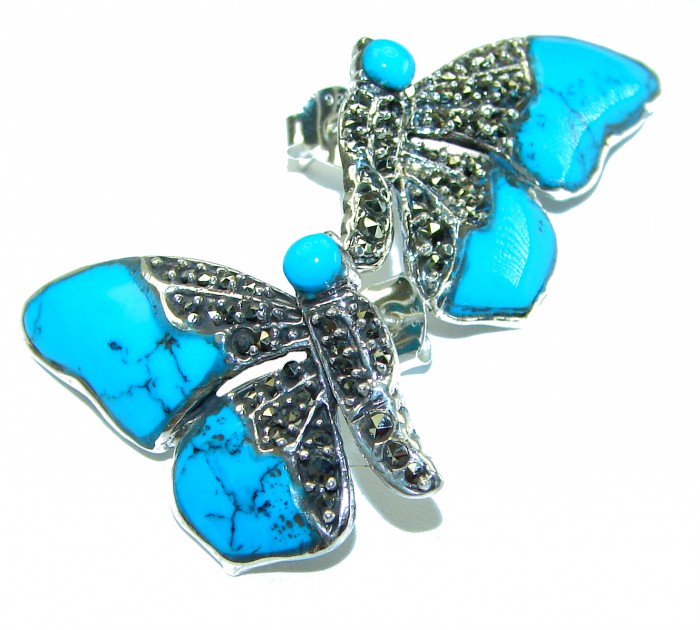 Blue Butterfly Precious natural Turquoise .925 Sterling Silver handcrafted Earrings - photo 3