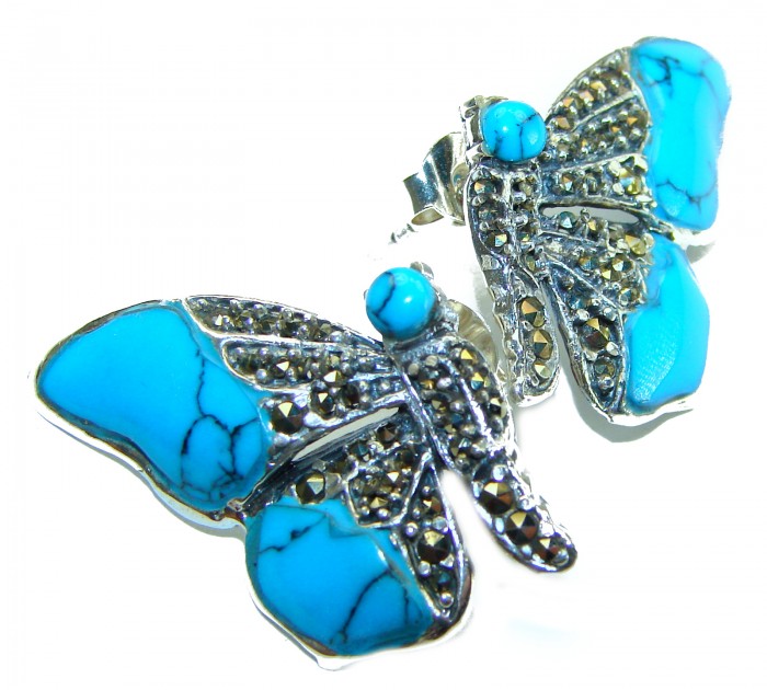 Blue Butterfly Precious natural Turquoise .925 Sterling Silver handcrafted Earrings - photo 2