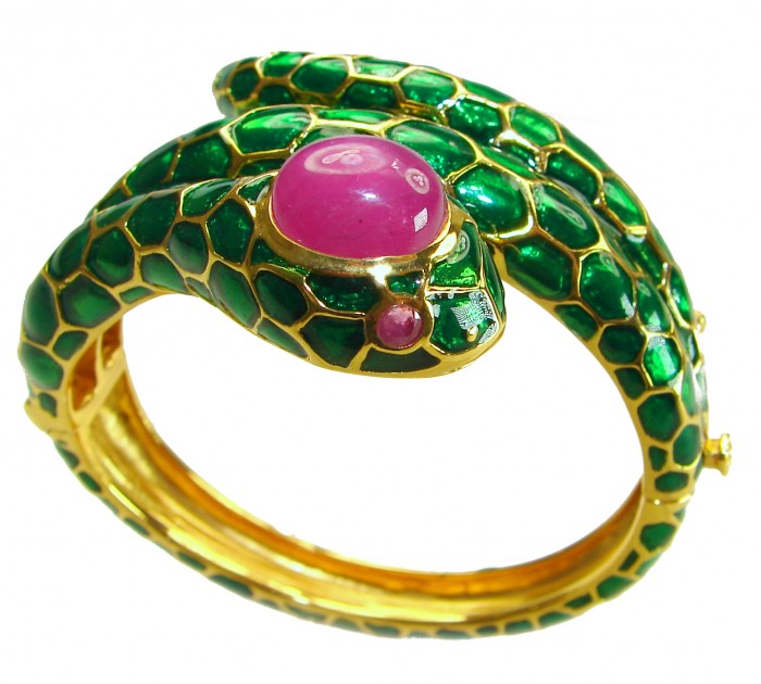 Huge Snake Genuine 8.2 carat natural Kashmir Ruby 18K Gold over .925 Sterling Silver handcrafted Bracelet - photo 4