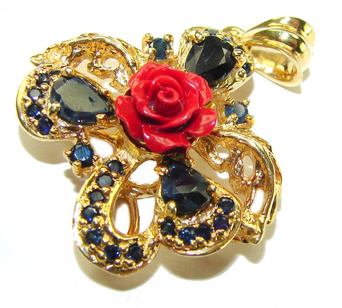 Red Rose Authentic Coral Sapphire 14K Gold over .925 Sterling Silver handmade pendant - photo 3