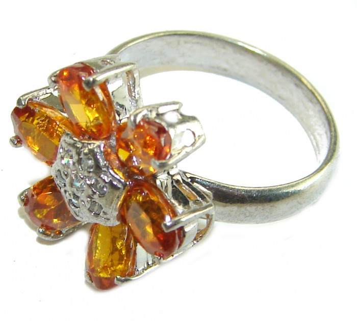 5.2 carat Orange Sapphire .925 Sterling Silver Handcrafted Ring size 6 - Orange sapphire ring in side view, sterling silver setting
