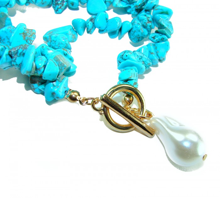 Luxurious natural Turquoise 14K Gold over .925 Sterling Silver handmade necklace - Turquoise necklace clasp detail with pearl drop pendant.