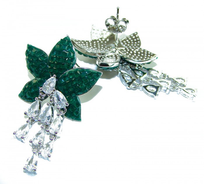 Giovanna - Authentic 19.9 carat Ruby .925 Sterling Silver handcrafted earrings - Emerald floral earrings with cascading teardrop stones, top angle view.