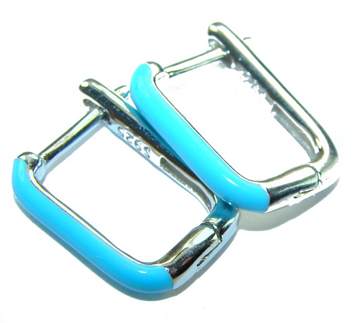 0.5 carat Ruby blue enamel .925 Sterling Silver handcrafted hoop earrings - Sterling silver blue enamel hoops, side view, .925 hallmark visible.