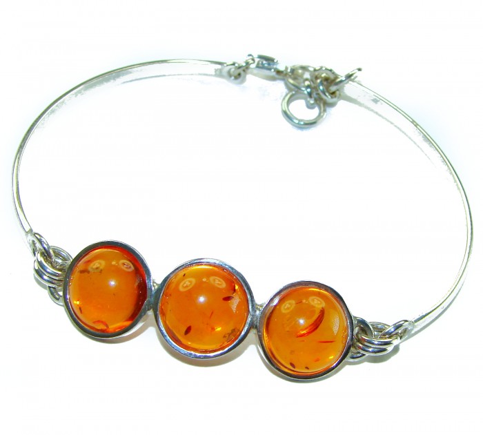Excellent Baltic Amber .925 Sterling Silver entirely handcrafted Bracelet - Amber and silver bracelet with three stones, overhead view.