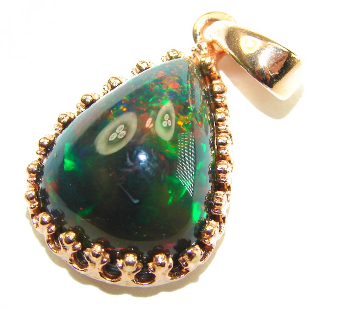 Black Galaxy 12.5 ctw Authentic Black Opal 14K Gold over .925 Sterling Silver handmade Pendant - Close-up of Black Galaxy Opal pendant with 14K gold setting.