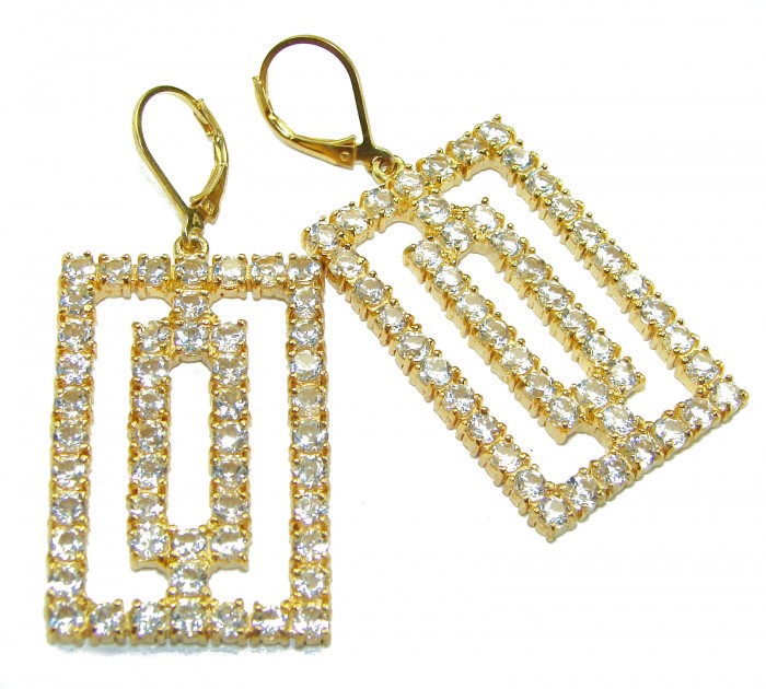 Large Extravaganza White Topaz 18K Gold over .925 Sterling Silver handcrafted Earrings - Large rectangular earrings with white topaz in a front view.