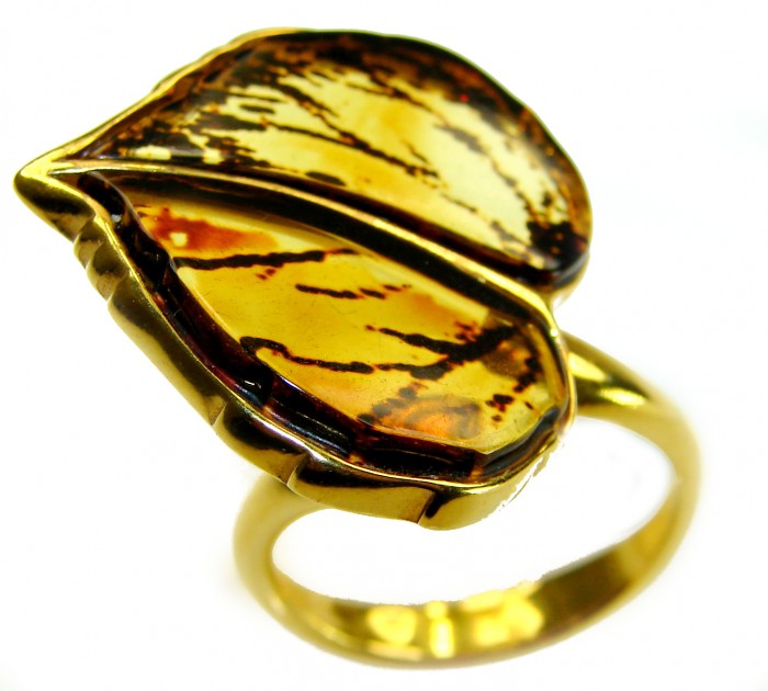 Authentic carved Baltic Amber .925 Sterling Silver dipped in 18K Gold handcrafted ring; s. 8 adjustable - Carved Baltic Amber ring close-up, gold dipped, intricate leaf design.