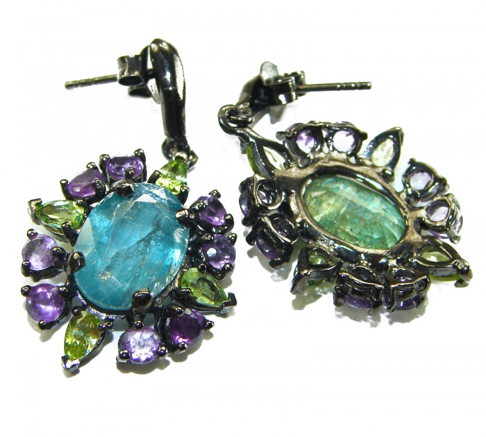 Fabulous 20.7 carat Aquamarine black rhodium over .925 Sterling Silver Handcrafted Statement earrings - Aquamarine earrings front and back with colorful gemstones.