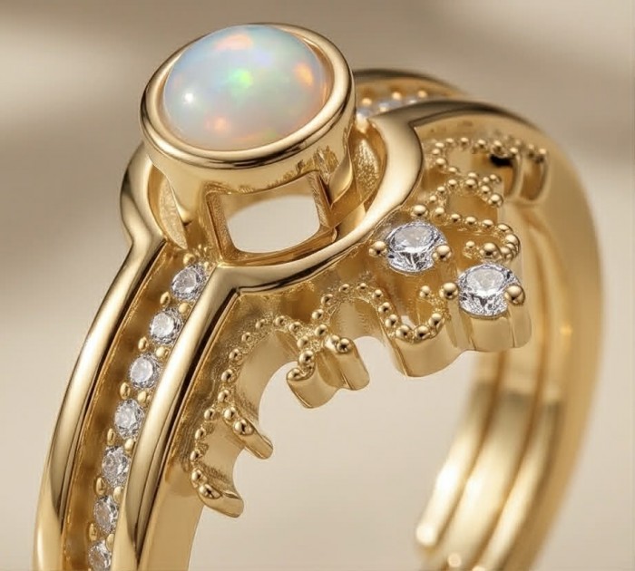 Golden Galaxy Genuine 2.8 carat Opal 14K Gold over .925 Sterling Silver handmade Ring size 7 - Opal gold ring close-up with diamond accents and intricate design.