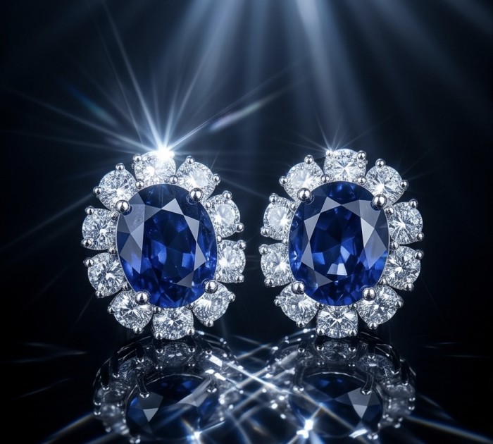 Authentic 10.5 carat Sapphire rhodium over .925 Sterling Silver handcrafted earrings - Close-up of sapphire earrings with diamond accents on a dark background.