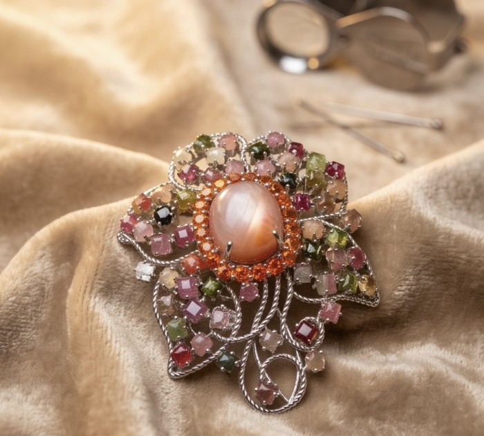 Vintage style 72.5 carat authentic Brazilian Watermelon Tourmaline .925 Sterling Silver dipped in rhodium handmade Pendant - Brooch - Close-up of vintage-style brooch with Brazilian Watermelon Tourmaline.