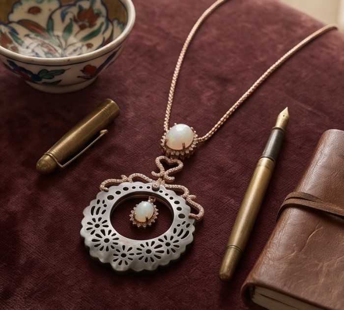 Love is Forever - Vintage style Beauty carved Rainbow Abalone 11.5 carat Fire Opal .925 Sterling Silver dipped in 14K Gold Necklace - Vintage-style necklace with opal stone on velvet, overhead view