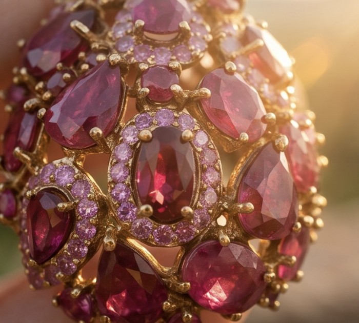 Black Label Collection - Vintage Beauty - Genuine 21.5 carat Mozambique Ruby .925 Sterling Silver dipped in 22k Gold handmade Pendant - Close-up of vintage jewelry with red gemstones and gold setting.