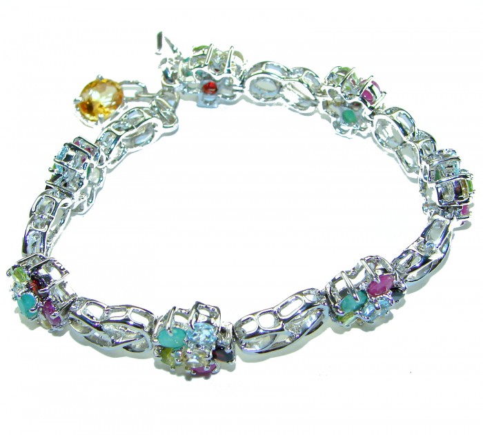 Luxurious Floral design Authentic Ruby Emerald .925 Sterling Silver handcrafted Statement Bracelet - photo 2