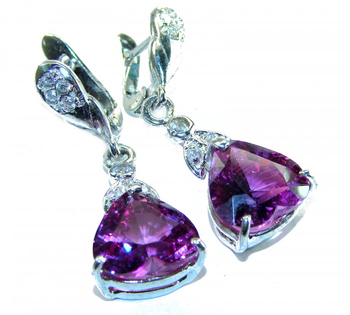 The Spade - Deep Purple Heart 11.8 carat Authentic Topaz .925 Sterling Silver Handcrafted earrings - Close-up of The Spade earrings with deep purple heart topaz stones.