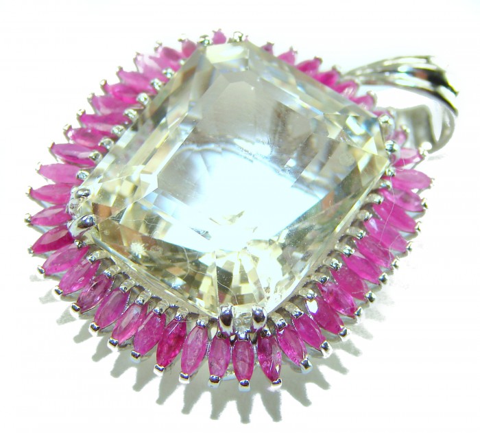 Costa del Sol 21.1 carat Lemon Quartz Ruby rhodium over .925 Sterling Silver handcrafted pendant - Close-up of Costa del Sol 21.1 carat lemon quartz and ruby pendant