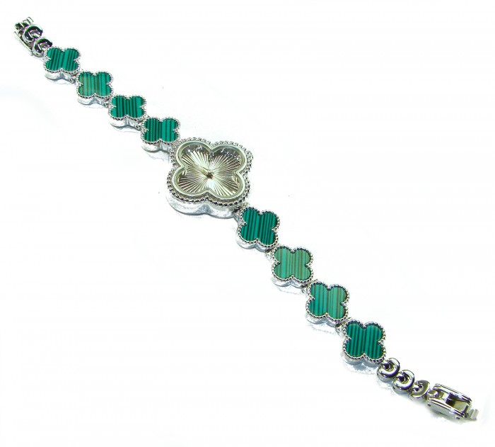 Precious Authentic inlay Australian Malachite .925 Sterling Silver handmade Bracelet Watch - Bracelet with green malachite clovers and silver, side view.