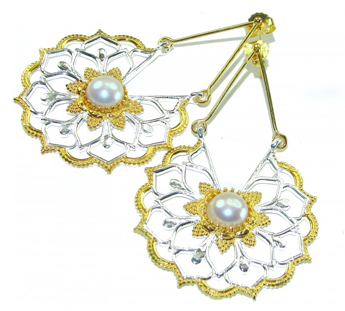 Long- Genuine Pearl 14K Gold over .925 Sterling Silver handcrafted Statement Earrings - Long earrings with pearls, gold and silver, top-down view.
