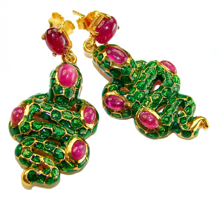 Green Snakes Genuine Enamel Ruby 18K Gold over .925 Sterling Silver handcrafted Earrings - Green snake earrings with rubies, enamel, and gold, front view.