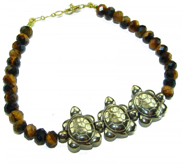 Three Turtles Tigers Eye 14K Gool over .925 Sterling Silver Bracelet - Necklace with turtle charms and tiger eye beads, top view.