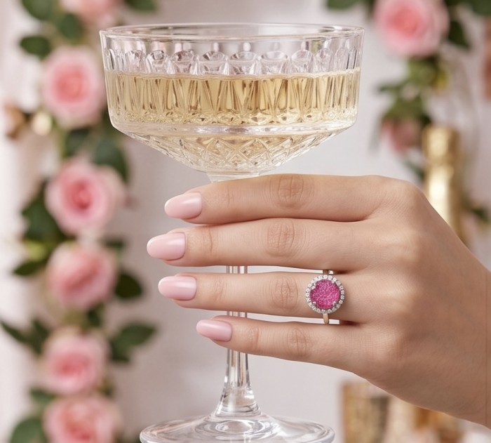 Emily 6.8 carat Brazilian Pink Tourmaline .925 Sterling Silver Handcrafted Statement Ring size 7 - Hand wearing Emily 6.8 carat pink tourmaline ring holding a glass