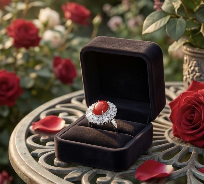 Elizabeth Natural Fossilized Coral 9.8 carat Moissanite .925 Sterling Silver handmade ring s. 7 1/4 - Ring with coral and moissanite in a box, garden background with roses.