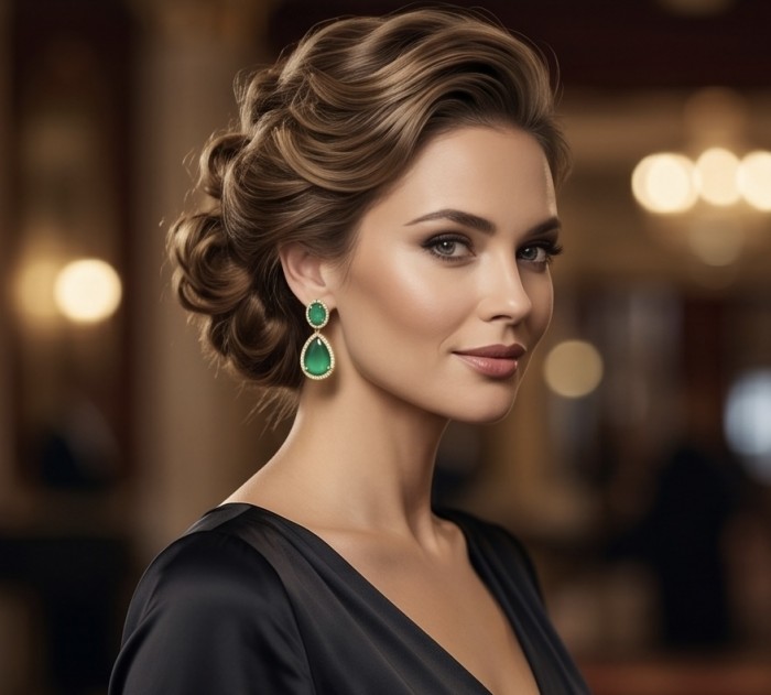 Giovanna - Authentic 10.9 carat COLOMBIAN EMERALD .925 Sterling Silver dipped in 22K Gold handcrafted earrings - Side view of woman wearing Giovanna Colombian emerald earrings