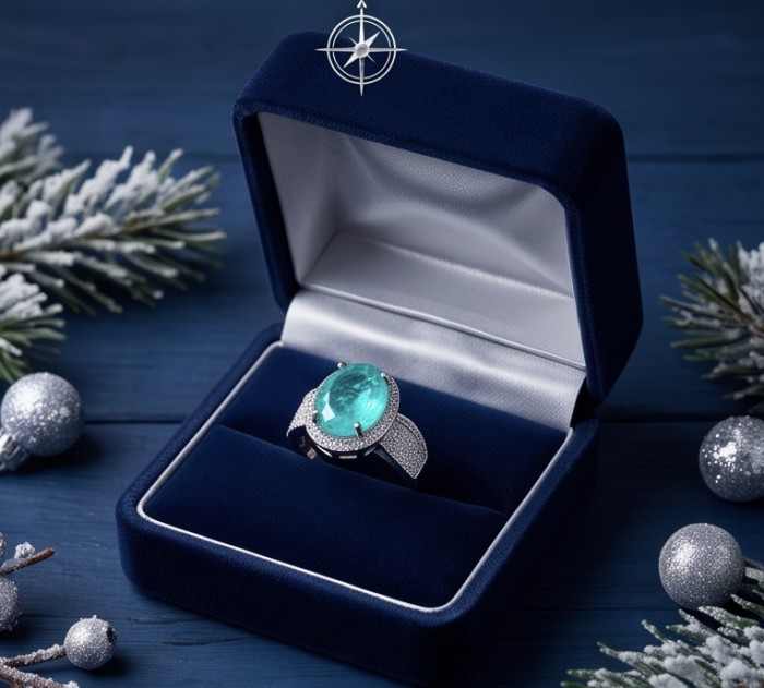 Elizabeth oval cut 14.8 carat Colombian Emerald .925 Sterling Silver dipped in Rhodium handcrafted Ring size 8 - Emerald ring in open box, top view, with winter decor background