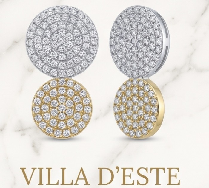 Precious 4.1 carat pave White Topaz 2 tones .925 Sterling Silver Golden Handcrafted Earrings - Two-tone White Topaz earrings, front view, displaying pave design.