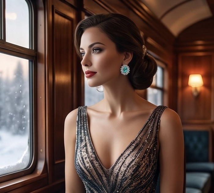 Royalty oval cut 5.2 carat Paraiba Tourmaline .925 Sterling Silver entirely handmade earrings - Paraiba Tourmaline earrings worn, side view on elegant woman in train.