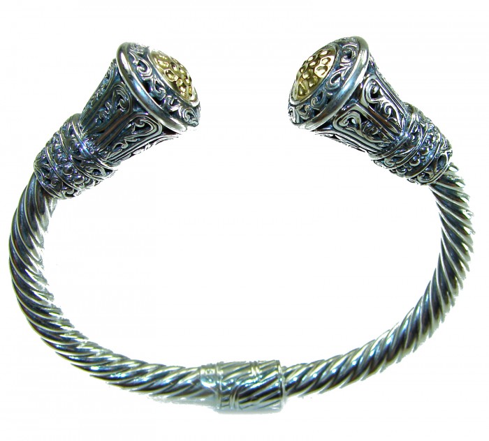 Heavy and Solid 39.5 grams authentic 14K Gold over .925 Sterling Silver handcrafted bracelet - Top view of ornate cuff bracelet with gold accents