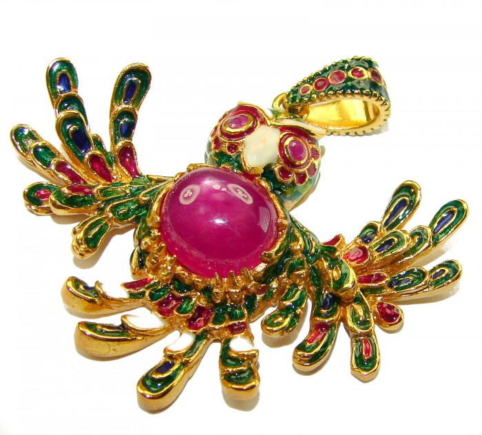 Precious Parrot Natural 8.2 carat Star Ruby Enamel 18K Gold over .925 Sterling Silver Pendant - Parrot-shaped pendant with star ruby, colorful enamel, top view.