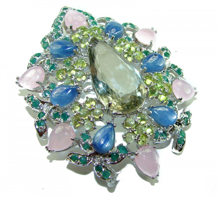 Royalty - Vintage style genuine 85.6 carat Green Amethyst .925 Sterling Silver handmade LARGE Pendant - Brooch - Close-up of vintage brooch with green amethyst and colorful gemstones.