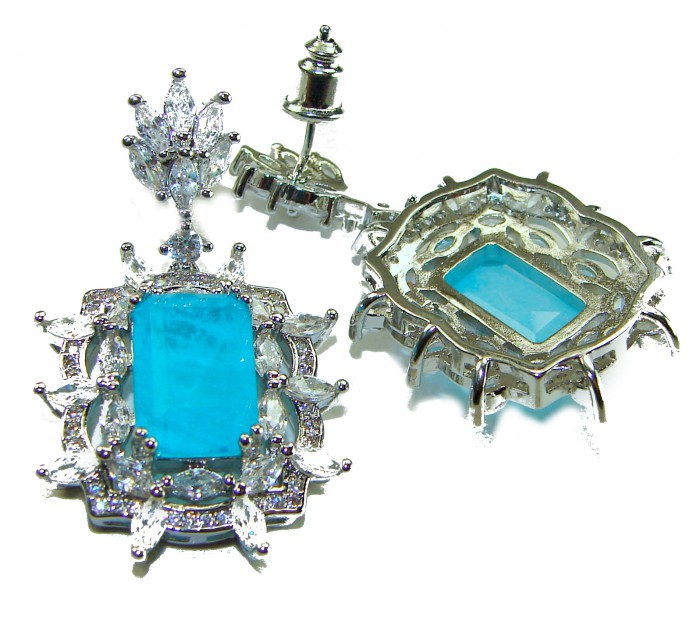 Royalty baquete cut 12.2 carat Paraiba Tourmaline .925 Sterling Silver entirely handmade earrings - Paraiba Tourmaline earrings, front and back view, with stone details.