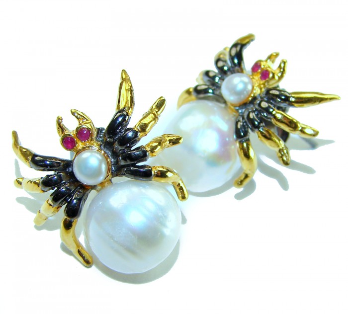 Spider Genuine Pearl 14K Gold rhodium over .925 Sterling Silver handcrafted Statement Earrings - Close-up of spider pearl earrings with gold and ruby details.