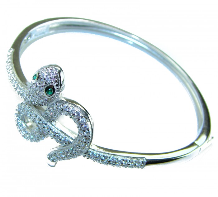 Precious Boa Snake Genuine 8.9 carat Emerald White Topaz .925 Sterling Silver handcrafted Bracelet - Top view of snake bracelet with emerald eyes and white topaz stones.