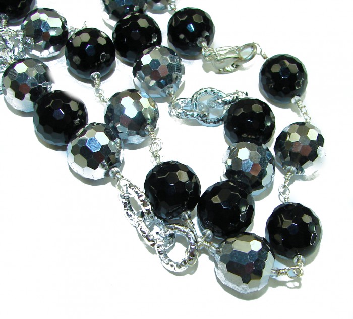 34 inches authentic Onyx 14K Gold over .925 Sterling Silver handmade Station Necklace - Close-up of faceted onyx beads and silver chain.