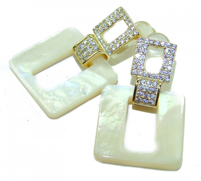 Sublime Blister Pearl White Sapphire 18K Gold over .925 Sterling Silver handcrafted Earrings - Front view of pearl and sapphire earrings with gold accents.