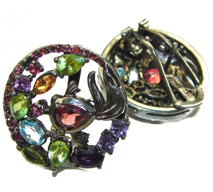 Elizabeth Authentic 12.9 carat Garnet .925 Sterling Silver brilliantly dipped in black rhodium handcrafted earrings - Colorful gemstone earrings, front and back view.