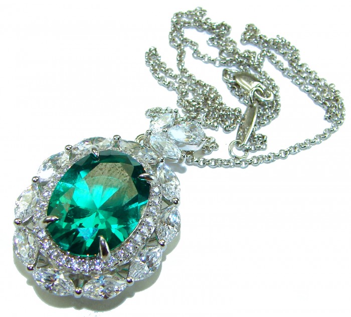 Heirloom authentic 17.9 carat Colombian Emerald .925 Sterling Silver handcrafted Statement necklace - Emerald necklace stone close-up with sterling silver chain detail.