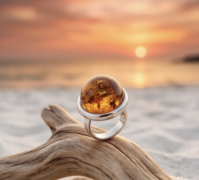 Real Legent Authentic Baltic Amber .925 Sterling Silver handcrafted ring; s. 8 - Close-up of Baltic amber ring on driftwood with beach sunset background.