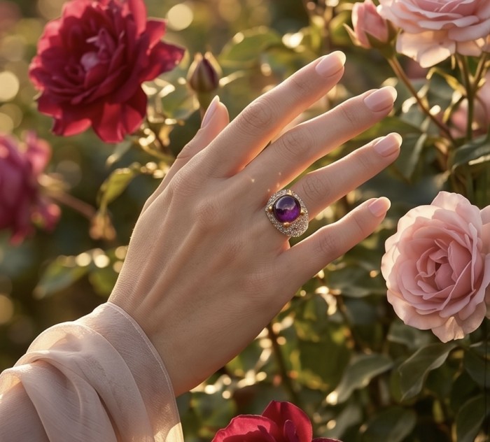 Bella Rosa Genuine 15.8 CARAT Star Ruby 22K Gold over .925 Sterling Silver Large Statement Ring size 6 3/4 - Worn on hand with roses: Bella Rosa 15.8 CT Star Ruby 22K Gold Ring
