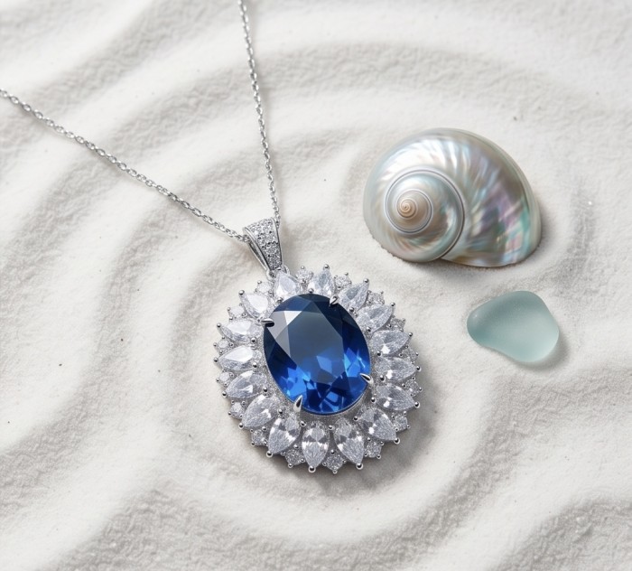 Atlantica Natural 20.7 carat African Tanzanite .925 Sterling Silver handcrafted Necklace - Tanzanite necklace on sand with seashell, stone front view.