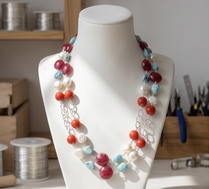 Sublime 32 inches long Red Fossilized Coral handmade Necklace - Display of Sublime 32" Red Fossilized Coral Necklace on stand