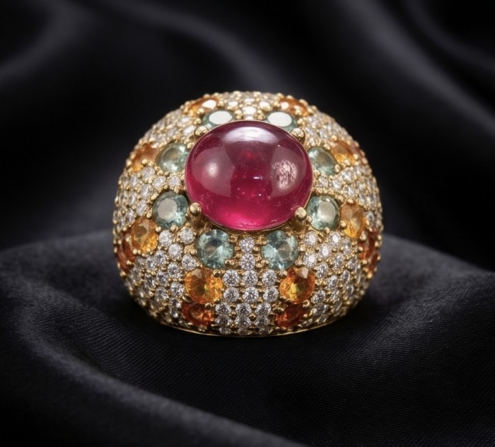 Blooming Garden Natural 10.8 carat Mozambique Ruby rhodium over .925 Sterling Silver handmade Statement Ring size 7 - Close-up of Blooming Garden ring with 10.8 carat Mozambique ruby