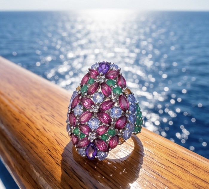 Blooming Garden Authentic 25.5 carat Multigem .925 Sterling Silver brilliantly handcrafted Ring size 8 - Side view of Blooming Garden multigem ring on wooden railing by the sea.