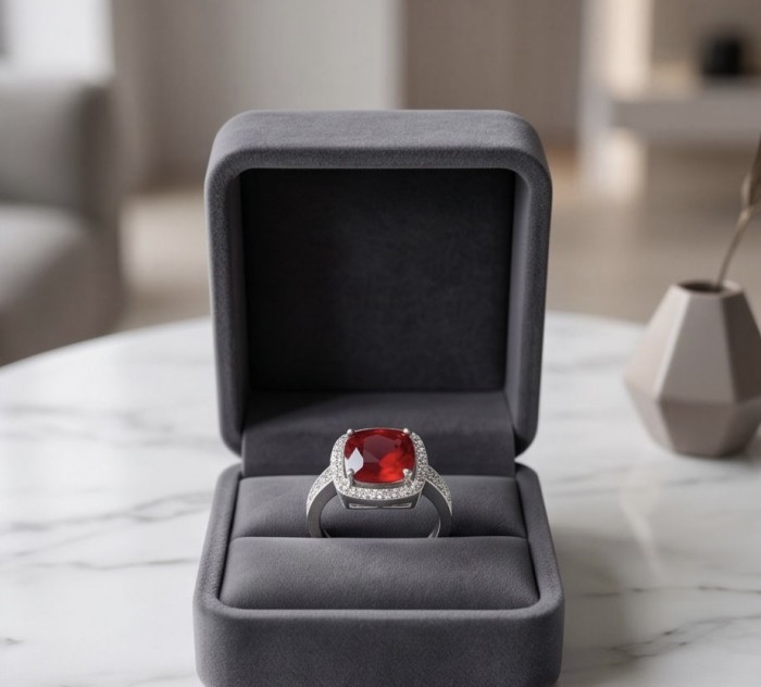 Scarlett princess cut 4.7 ctw Ruby .925 Sterling Silver handcrafted Statement Ring size 6 - Ruby ring in box, top view, Scarlett princess cut, sterling silver setting